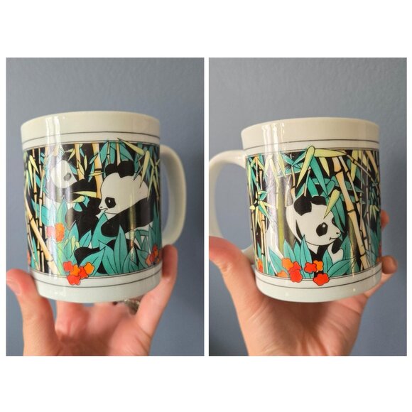 Mismatched Set of Vintage Mugs Pottery & Mass Produced Pandas, 70s Mod Floral - Picture 2 of 9